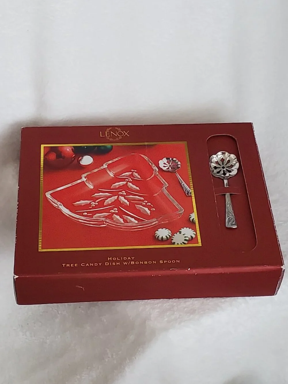 Lenox Crystal Holiday Tree Dish and Bonbon Spoon Set  Vintage in Box!